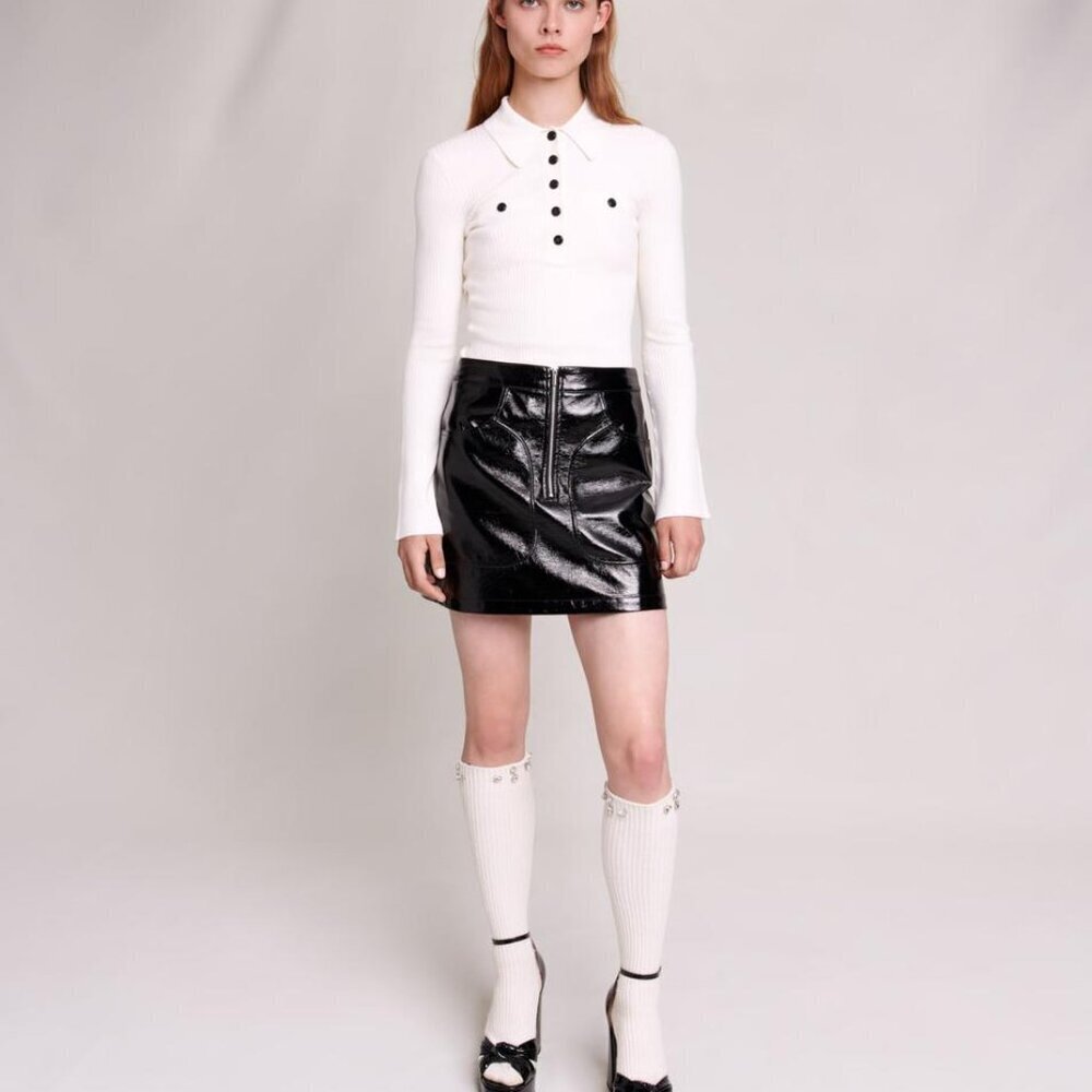 Maje Crinkle Patent fuax Leather Mini Skirt Size 36 NEW